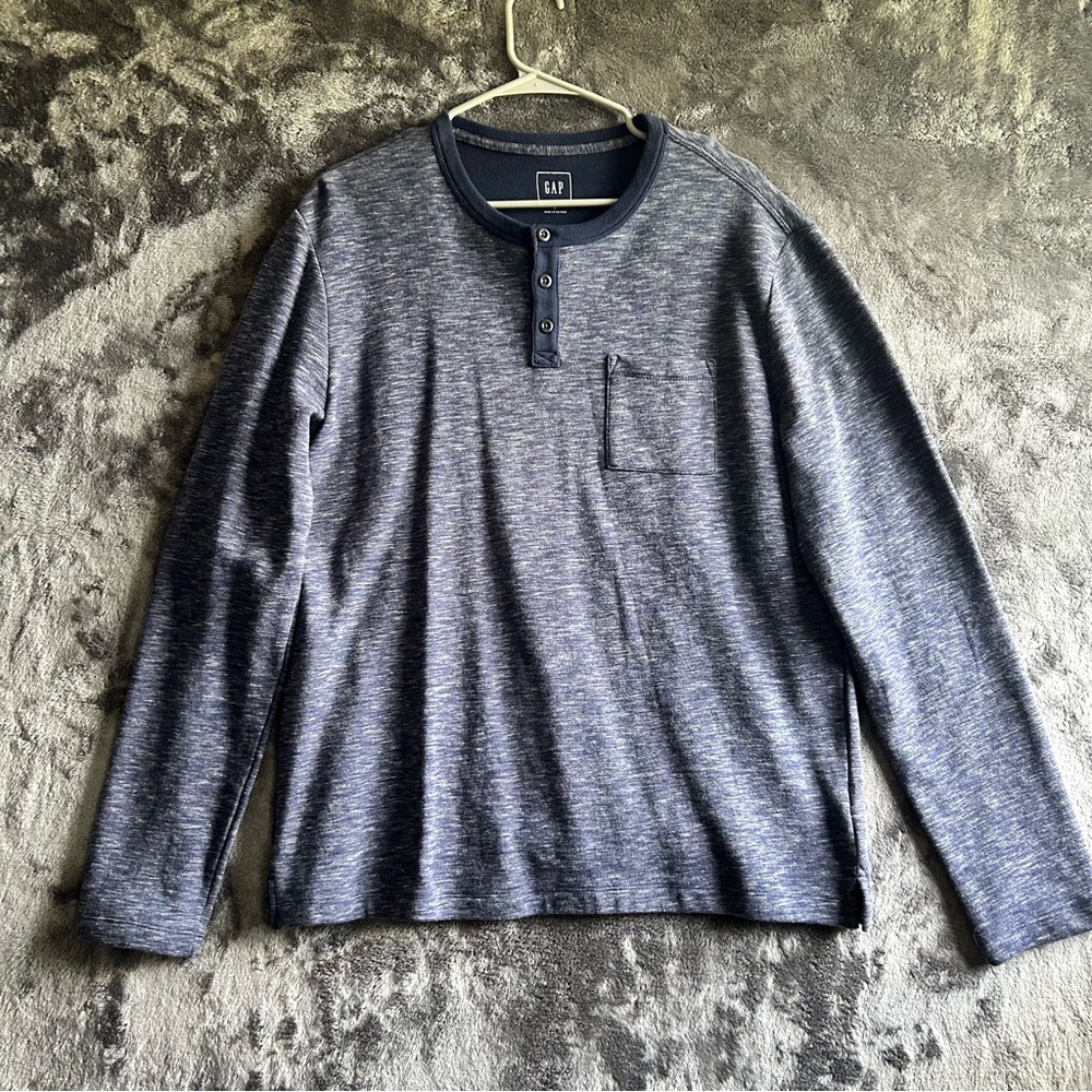 Gap Henley Shirt Mens L‎ Blue Long Sleeve Pocket Tee Minimalist Casual Dadcore